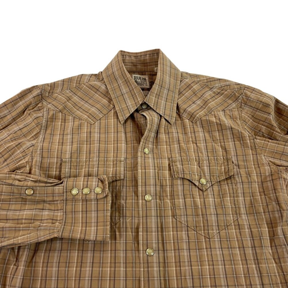 Ruehl No 925 Pearl Snap Western Shirt‎ Mens S Y2K Brown Plaid 90s Pocket Cowboy